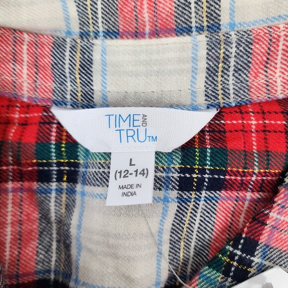 New Time & Tru Womens Large 12-14 White Red Green Plaid Button Up Flannel Shirt - Picture 9 of 11